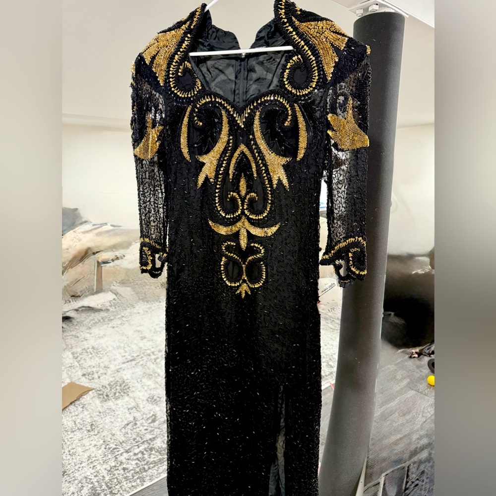 Black and Gold Bishop Sleeve Cocktail Gown